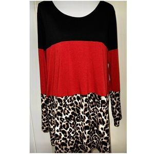 Tri Color Animal Print & Lace Trim Long Sleeve Tunic, Sz 2XL